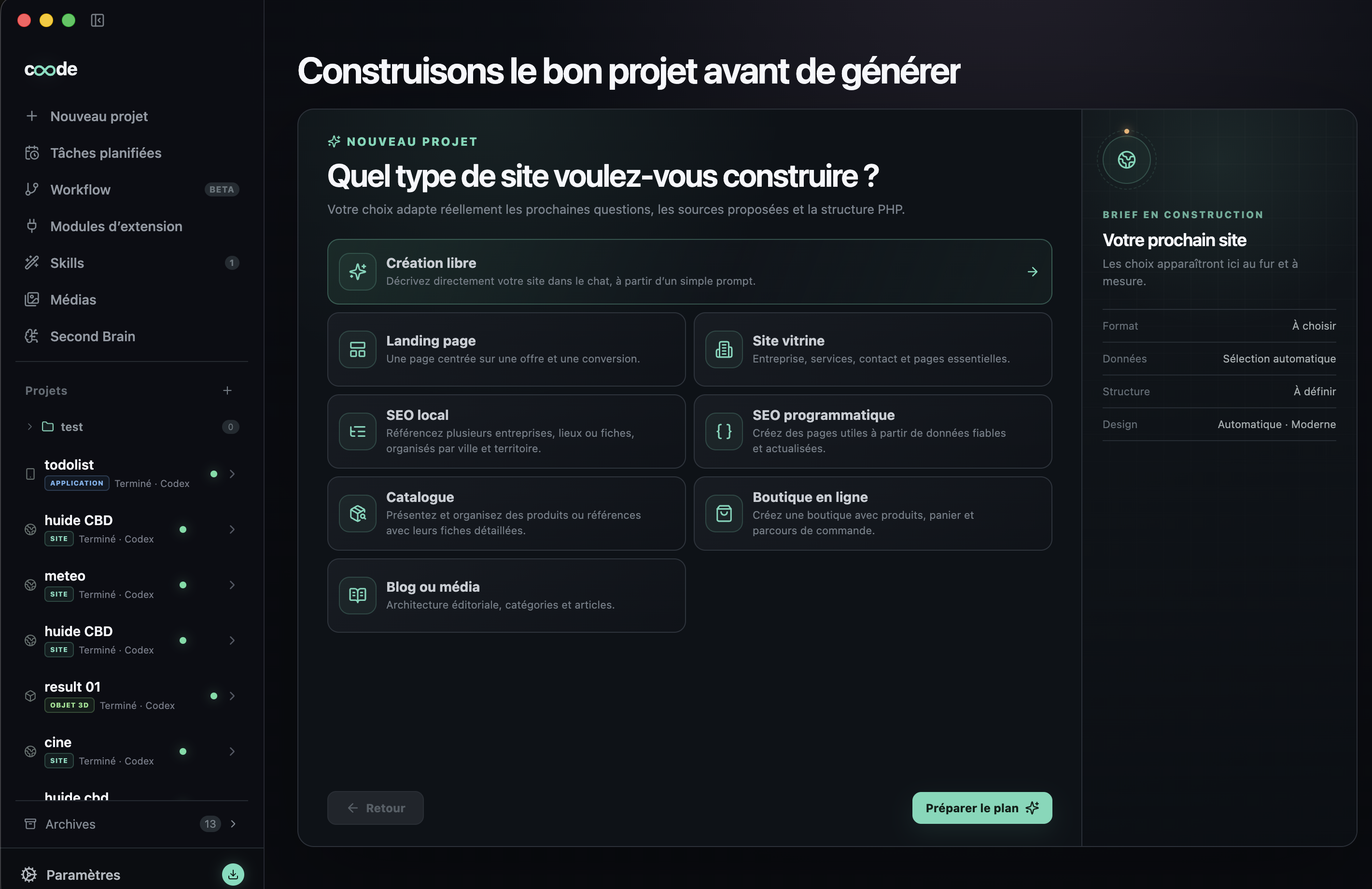 Assistant de cadrage de site dans Coode