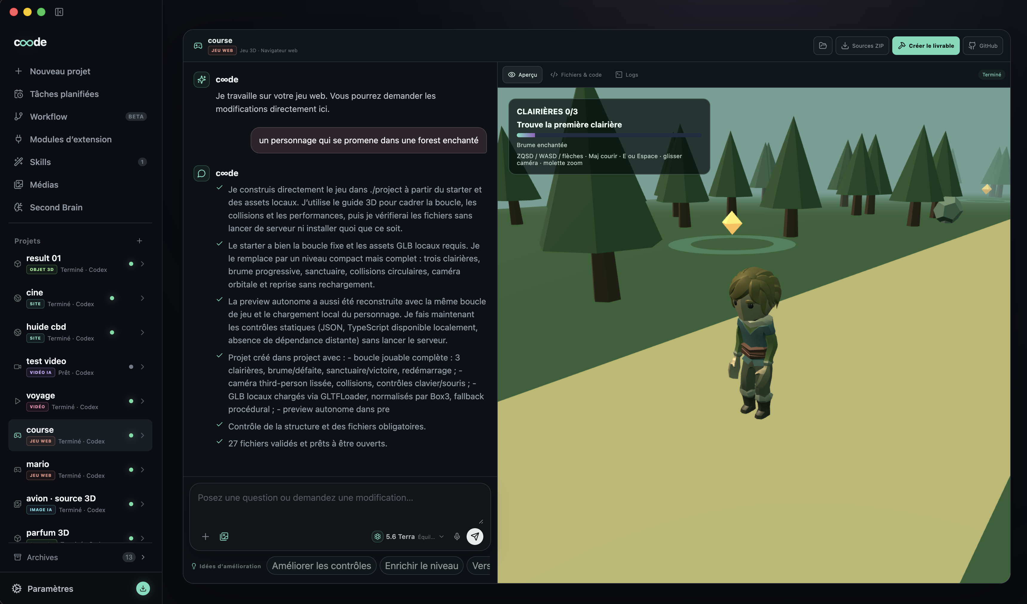 Aperçu d'un jeu web 3D de forêt dans Coode