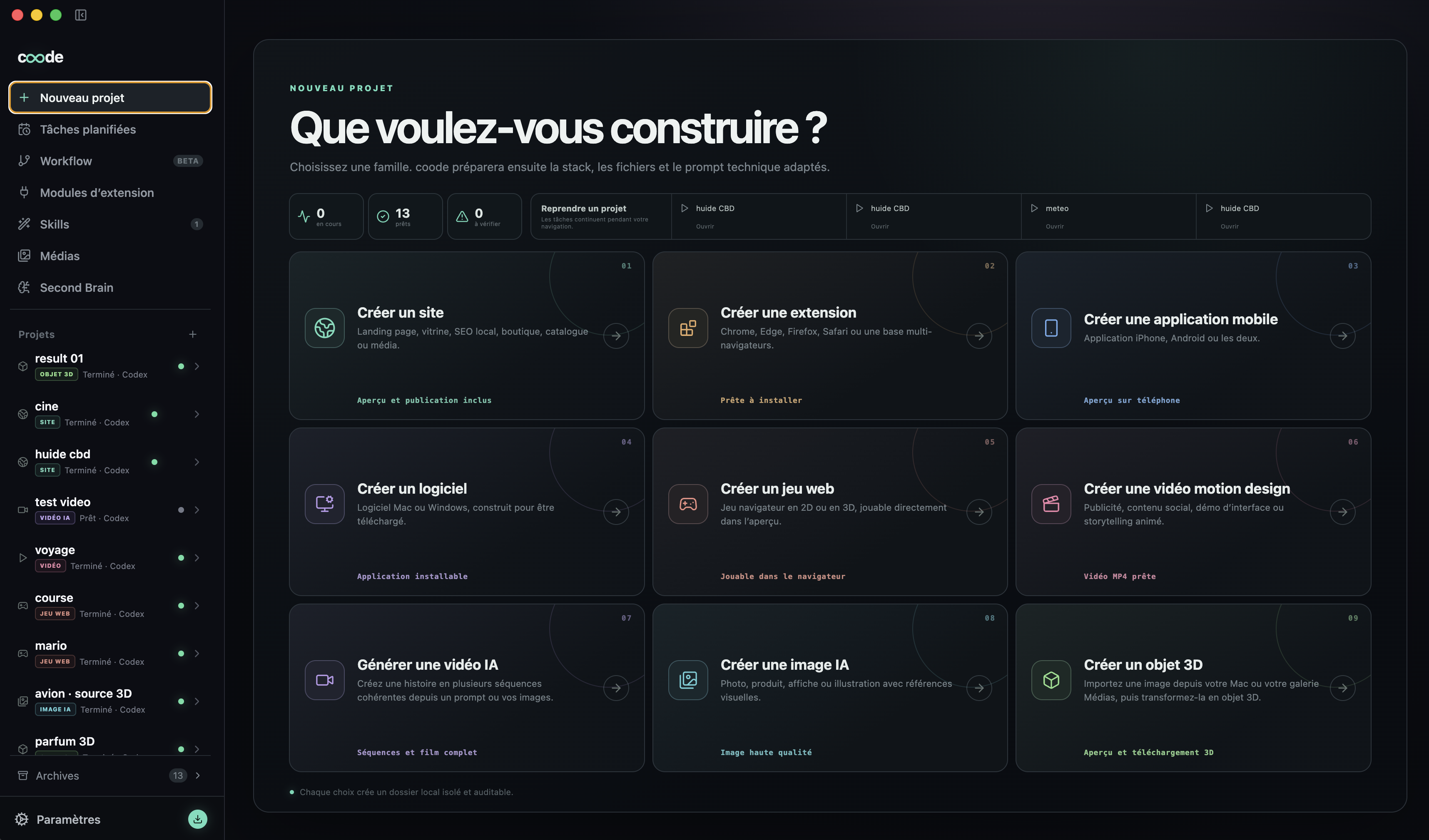 Écran Nouveau projet de Coode présentant neuf familles de créations