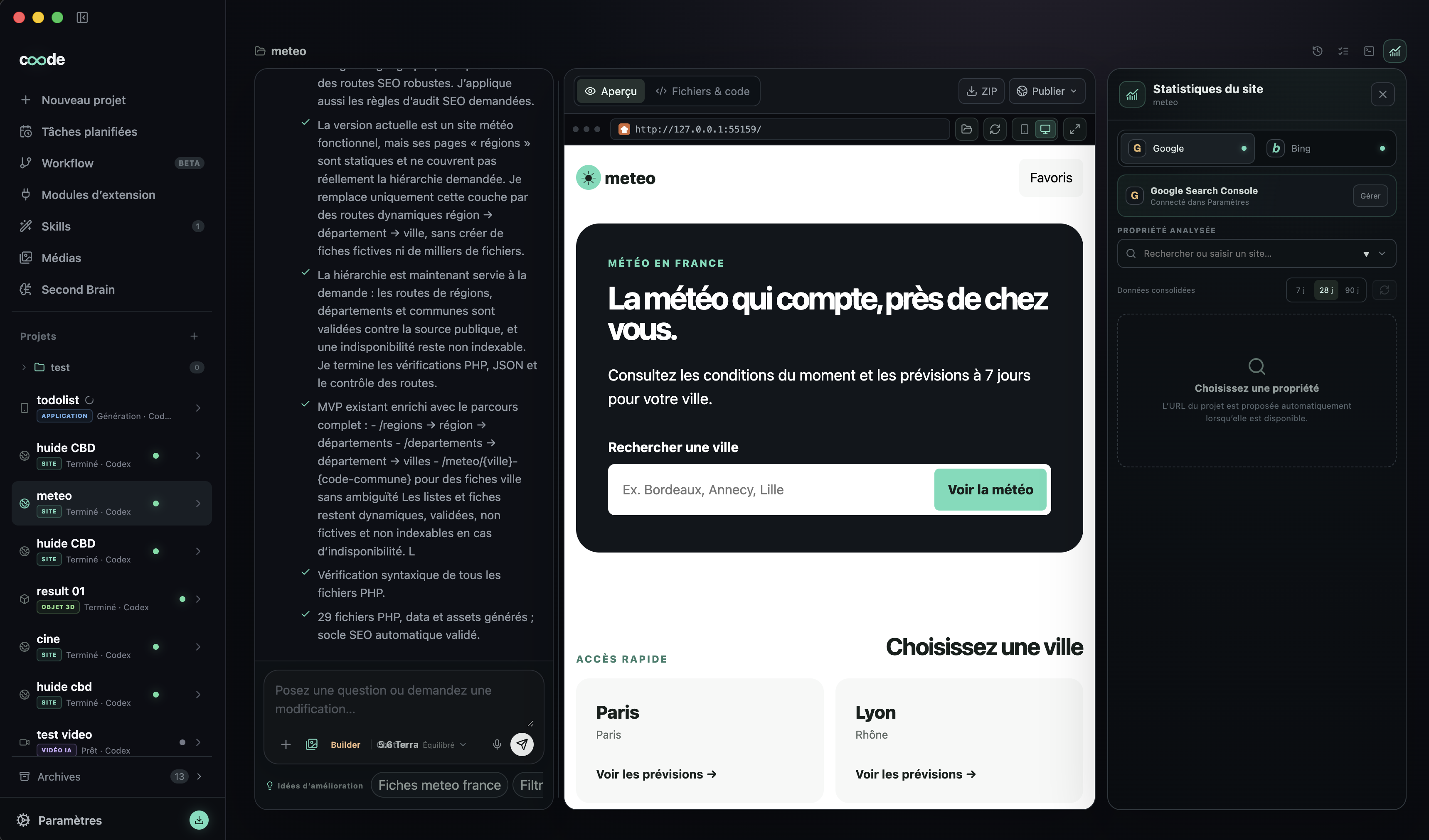 Aperçu d'un site météo et panneau Google Search Console dans Coode